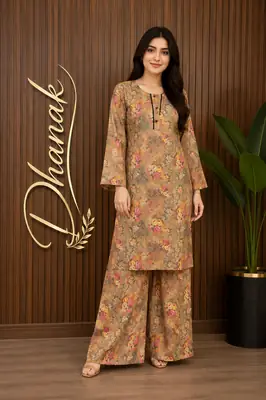 2 Pcs Women's Stitched Dhanak Printed Shirt And Trouser