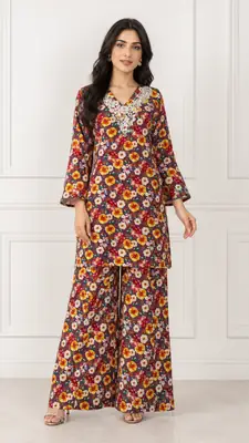 2 Pcs Women's Stitched Khaddar Dress with Heavy Mirror Neck