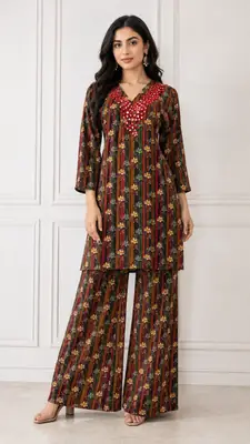 2 Pcs Women's Stitched Khaddar Dress with Heavy Mirror Neck