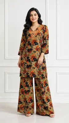 2 Pcs Women's Stitched Khaddar Dress with Heavy Mirror Neck
