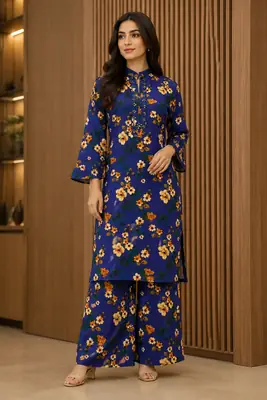 2 Pcs Women's Stitched Khaddar Printed Shirt And Trouser