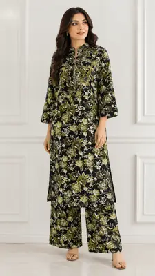 2 Pcs Women's Stitched Khaddar Printed Shirt And Trouser