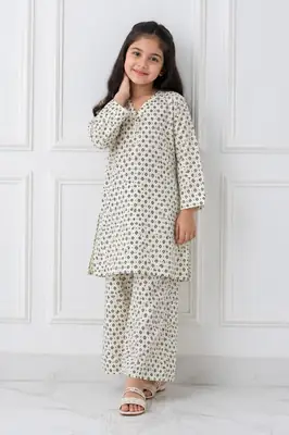 2 Pcs Girl's Stone Linen Printed Frock And Trouser Set