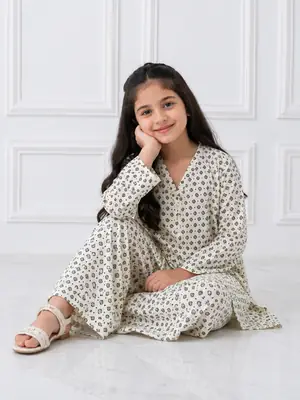 2 Pcs Girl's Stone Linen Printed Frock And Trouser Set thumbnail 2