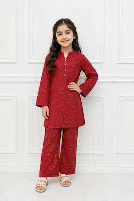 2 Pcs Girl's Stone Linen Printed Frock And Trouser Set