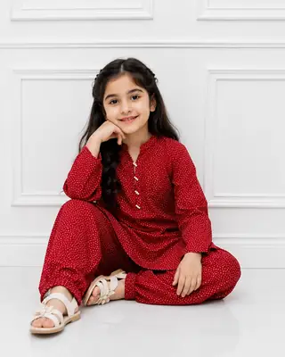 2 Pcs Girl's Stone Linen Printed Frock And Trouser Set thumbnail 2