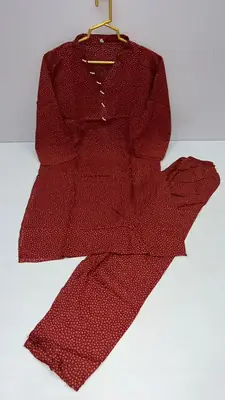 2 Pcs Girl's Stone Linen Printed Frock And Trouser Set thumbnail 3