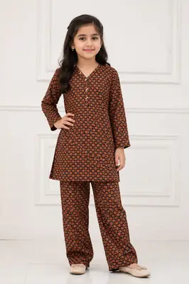 2 Pcs Girl's Stone Linen Printed Frock And Trouser Set