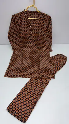 2 Pcs Girl's Stone Linen Printed Frock And Trouser Set thumbnail 3