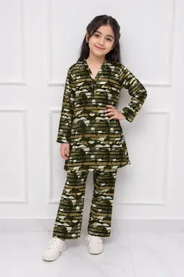 2 Pcs Girl's Stone Linen Printed Frock And Trouser Set