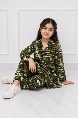2 Pcs Girl's Stone Linen Printed Frock And Trouser Set thumbnail 2
