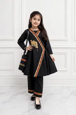 2 Pcs Girl's Cotton Embroidered Frock And Trouser Set