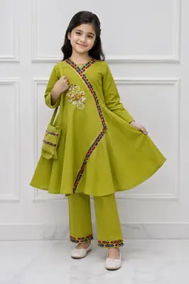 2 Pcs Girl's Cotton Embroidered Frock And Trouser Set