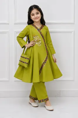 2 Pcs Girl's Cotton Embroidered Frock And Trouser Set thumbnail 2