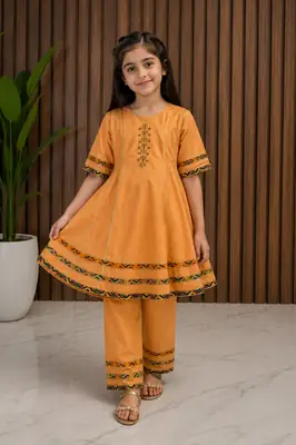 2 Pcs Girl's Cotton Embroidered Frock And Trouser Set