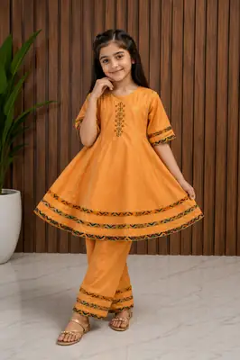 2 Pcs Girl's Cotton Embroidered Frock And Trouser Set thumbnail 2