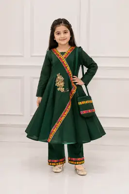 2 Pcs Girl's Cotton Embroidered Frock And Trouser Set