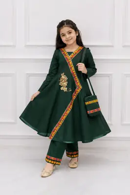 2 Pcs Girl's Cotton Embroidered Frock And Trouser Set thumbnail 2