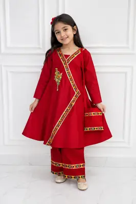 2 Pcs Girl's Cotton Embroidered Frock And Trouser Set