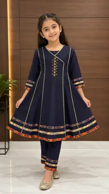 2 Pcs Girl's Cotton Embroidered Frock And Trouser Set