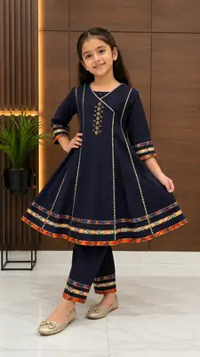 2 Pcs Girl's Cotton Embroidered Frock And Trouser Set thumbnail 2