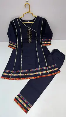 2 Pcs Girl's Cotton Embroidered Frock And Trouser Set thumbnail 3