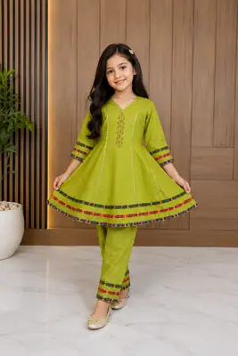 2 Pcs Girl's Cotton Embroidered Frock And Trouser Set