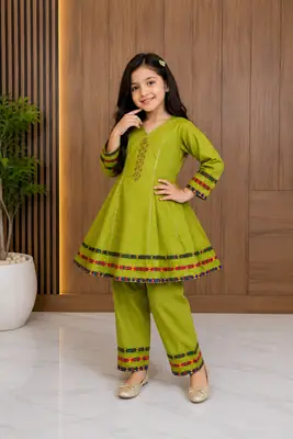 2 Pcs Girl's Cotton Embroidered Frock And Trouser Set thumbnail 2