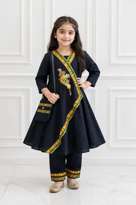 2 Pcs Girl's Cotton Embroidered Frock And Trouser Set