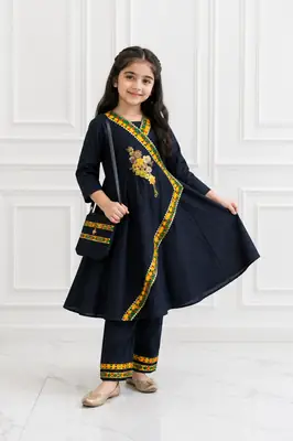 2 Pcs Girl's Cotton Embroidered Frock And Trouser Set thumbnail 2