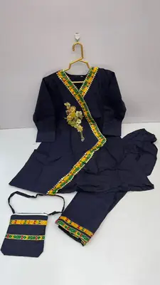 2 Pcs Girl's Cotton Embroidered Frock And Trouser Set thumbnail 3