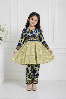 2 Pcs Girl's Linen Printed Frock And Trouser Set