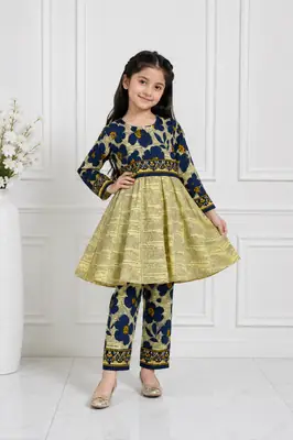 2 Pcs Girl's Linen Printed Frock And Trouser Set thumbnail 2