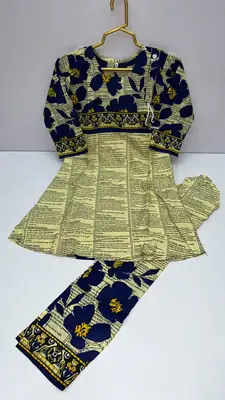 2 Pcs Girl's Linen Printed Frock And Trouser Set thumbnail 3