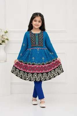 2 Pcs Girl's Linen Printed Frock And Trouser Set