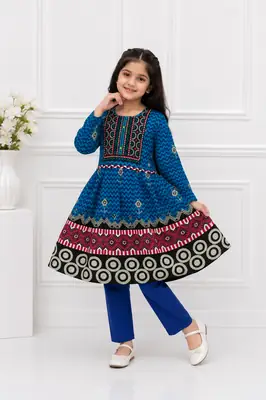 2 Pcs Girl's Linen Printed Frock And Trouser Set thumbnail 2