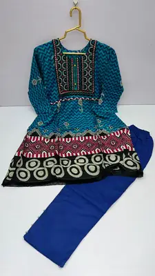 2 Pcs Girl's Linen Printed Frock And Trouser Set thumbnail 3