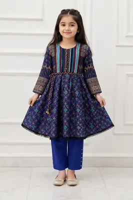 2 Pcs Girl's Linen Printed Frock And Trouser Set