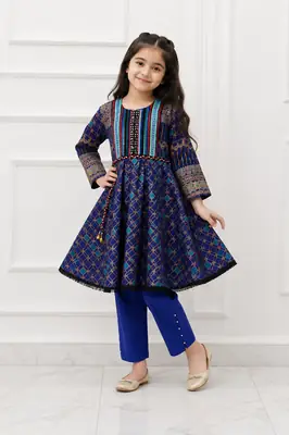 2 Pcs Girl's Linen Printed Frock And Trouser Set thumbnail 2
