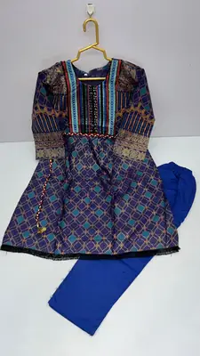 2 Pcs Girl's Linen Printed Frock And Trouser Set thumbnail 3