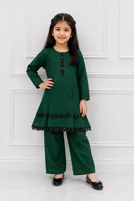 2 Pcs Girl's Lawn Plain Kurta And Trouser with Lace