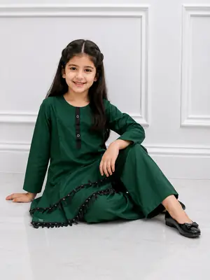 2 Pcs Girl's Lawn Plain Kurta And Trouser with Lace thumbnail 2