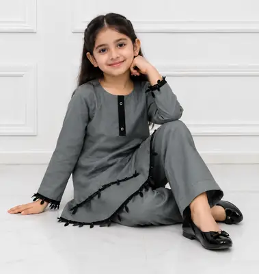 2 Pcs Girl's Lawn Plain Kurta And Trouser with Lace