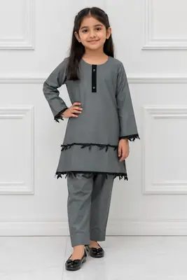 2 Pcs Girl's Lawn Plain Kurta And Trouser with Lace thumbnail 2