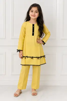2 Pcs Girl's Lawn Plain Kurta And Trouser with Lace