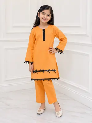 2 Pcs Girl's Lawn Plain Kurta And Trouser with Lace