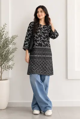 1Pc Women's Stitched Linen Block Printed Shirt Black Special