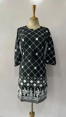 1Pc Women's Stitched Linen Block Printed Shirt Black Special thumbnail 2