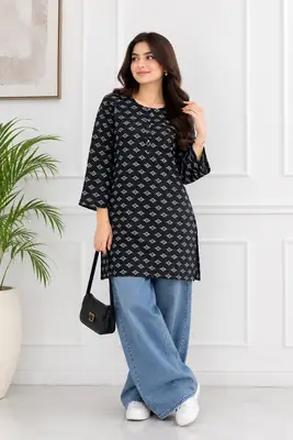 1Pc Women's Stitched Linen Block Printed Shirt Black Special