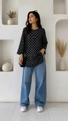 1Pc Women's Stitched Linen Block Printed Shirt Black Special thumbnail 2